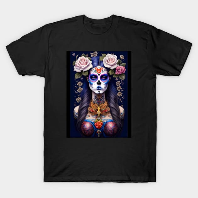 Sugar Skull Art - Woman in Colorful Sugar Skull Makeup T-Shirt by ImaginativeInkPOD